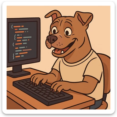 personified pit-bull dog typing code snippets, friendly, expressive, at a computer sticker