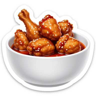 Korean Fried Chicken Cinematic Realistic Korean Fried Chicken Dish Emoji, depicted as bite-sized chicken chunks generously coated in a glossy, spicy sauce, in a bowl. sticker