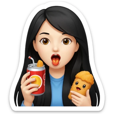 girl with long black hair eating with mouth on the chicken nugget and holding a soda can sticker