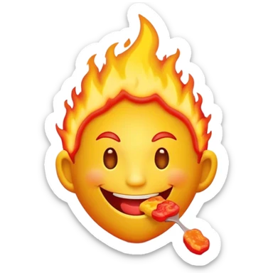 Crea un sticker de un personaje con cabeza de fuego, sonriente, que esté comiendo gomitas y que tenga colores llamativos y luminosos en tonos rojos, amarillo y naranja  sticker
