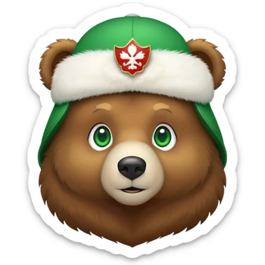 Cute brown bear with bright green eyes wearing a white fluffy Russian ushanka hat with clear Russian Federation emblem in the middle, iOS emoji style sticker