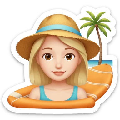 Emoji-style person relaxing on vacation, happy and content, rounded features, soft shading, sticker