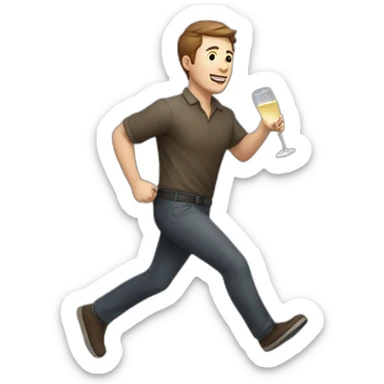 White man with very short brown hair runs with a carton of champagne sticker