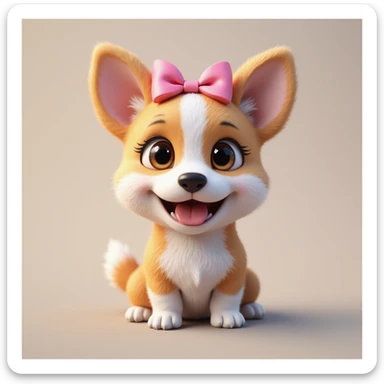 photorealistic female corgi with a pink bow on her head, cheerful expression, fluffy fur sticker