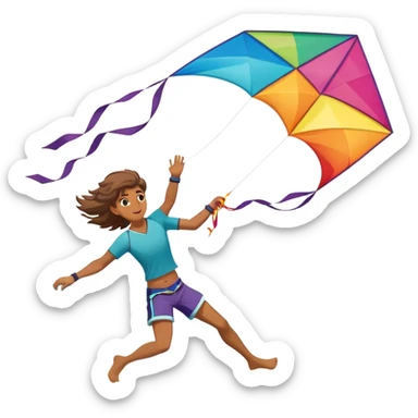 A person soaring through the sky while holding onto a colorful kite on a windy beach. The kite is catching the wind, and the backdrop features waves crashing on the shore, capturing the excitement and freedom of kitesurfing. sticker