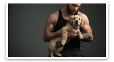 Photo of a musculated man holding puppy golden retriver, low key light sticker