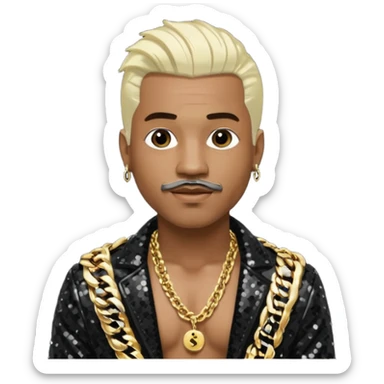 Sisqó with platinum blonde hair, black sequin jacket, shirtless with necklace, dark skin, dark brown thin mustache sticker
