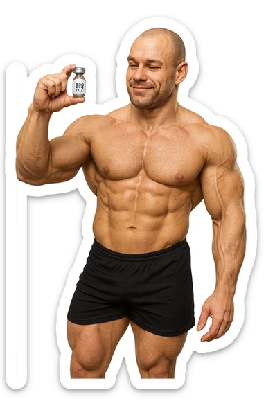 BODYBUILDER A FIGURA INTERA CHE TIENE IN MANO UNA FIALA MEDICA CON la scritta "BPC 157" SULL'ETICHETTA E LA GUARDA SODDISFATTO, iperrealistico 4k sticker
