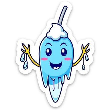 Cartoon character with blue face, frozen icicles, chattering teeth, freezing expression sticker