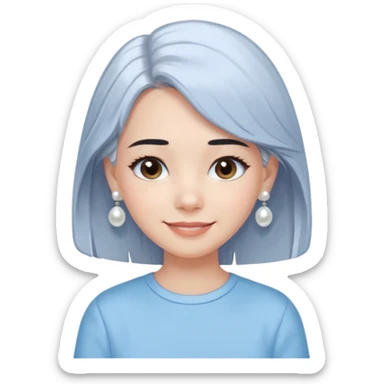  emoji of a smiling girl with a long bob haircut in black-brown color, fair tan skin, soft black eyebrows, and brown eyes. She's wearing a pastel blue shirt, has pearl earrings, and white clean hair clips. Her look is fresh and minimal clean girl aesthetic. Use a white background, sticker