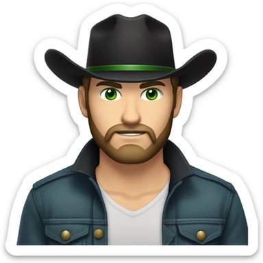 Caucasian male with green eyes, a dark beard with a black western hat with short hair sticker