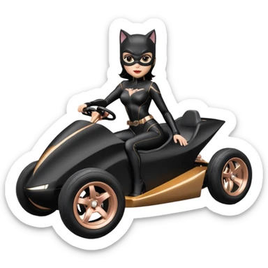 full size real-appearance electric road racing sexy CatWoman’s feminine midnight-colored tight outfit sixty’s tv show dark stealthy accurate sporty safe plush deluxe off-road pursuit cruiser car rose gold accents (black hair,reclined and relaxed torso and shoulders seating position) go kart  sticker