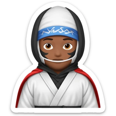 All white ninja robe with no black with white ski mask to cover face and neck with a hoodie on and dark brown skin color sticker