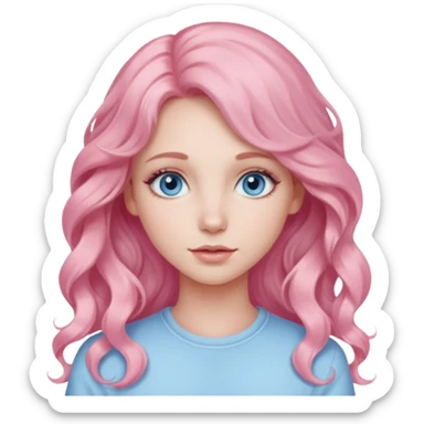 a girl with blue eyes, long pastel pink wavy hair, subtle clean makeup sticker