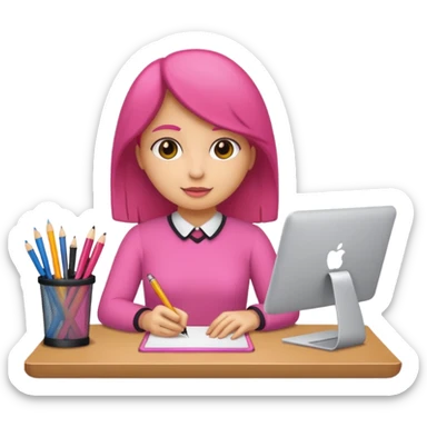 chica rosa pensando ideas con un escritorio sticker