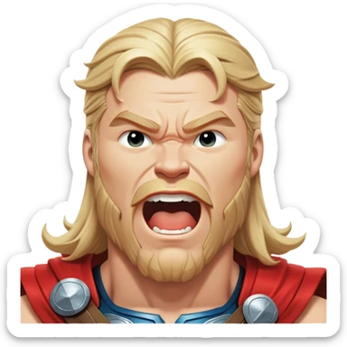 Cinematic Realistic Thor Portrait, head tilted slightly with a dramatic, wide-open yawn, revealing a relaxed yet powerful presence. The natural interplay of light accentuates his muscular contours and tender expression, balancing his legendary might with an unexpectedly human moment of repose. sticker