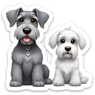 A big gray schnauzer with dark eyes next to a small all white puppy schnauzer sticker