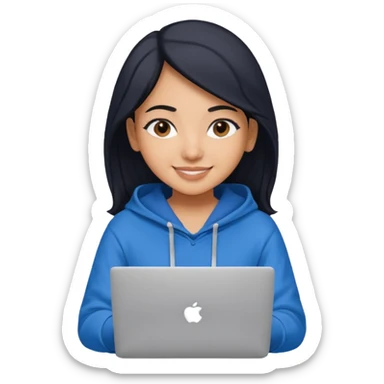 i am a brown south asian girl wearing a blue hoodie about to do a lot of computer work my skin is lighter and my hair is black. I use a macbook pro laptop sticker