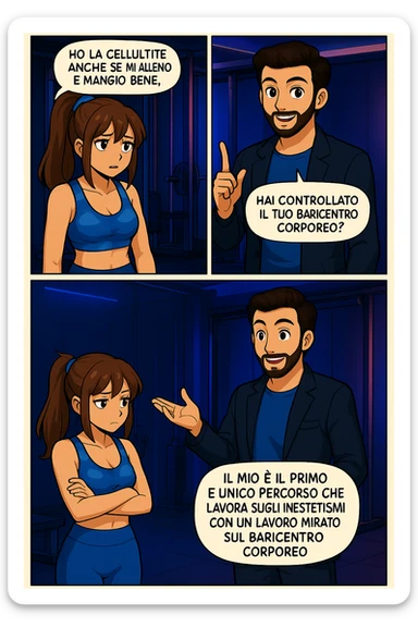 PRENDI SPUNTO DA QUESTO STILE FACENDO UN WEBTOON/MANGA:

LEI (DONNA): Ho la cellulite anche se mi alleno e mangio bene, cosa posso fare?

LUI (UOMO): Hai controllato il tuo baricentro corporeo?
LUI (UOMO): Sapevi che se il peso del tuo corpo cade in avanti o da un lato, c’è un disallineamento fra bacino e torace, che comprimendo le coste, limita la motilità del diaframma e l’ossigenazione dei tessuti?
LUI (UOMO): Il mio è il primo e unico percorso che lavora sugli inestetismi con un lavoro mirato sul baricentro corporeo. sticker