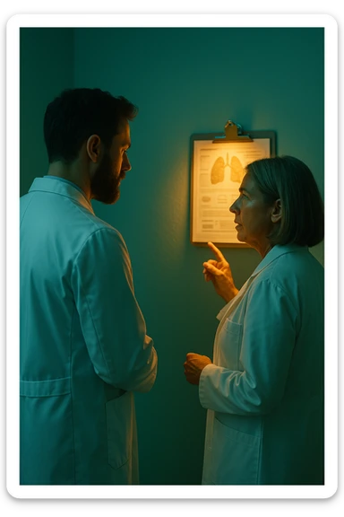 Realistic, detailed photo taken from behind of two doctors—a bearded man and a middle-aged woman—standing and facing each other as they discuss a diagnosis in front of a medical chart. The scene is illuminated by a yellowish, orange, warm light that softly envelops the doctors. The entire room is bathed in a single green-blue color, creating a cohesive and modern atmosphere. Both doctors wear white coats, and their body language suggests a serious, professional conversation. Shot with a Canon EOS R5, with high detail and natural depth of field. sticker