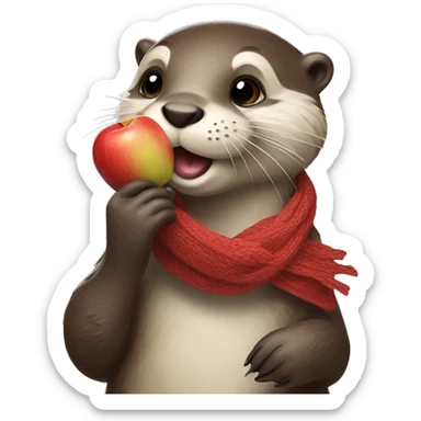 Otter wearing a scarf eating an apple sticker