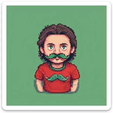 Recep İvedik, Turkish movie character, big mustache, bushy eyebrows, red t-shirt, humorous look, 8-bit style, pixel art sticker
