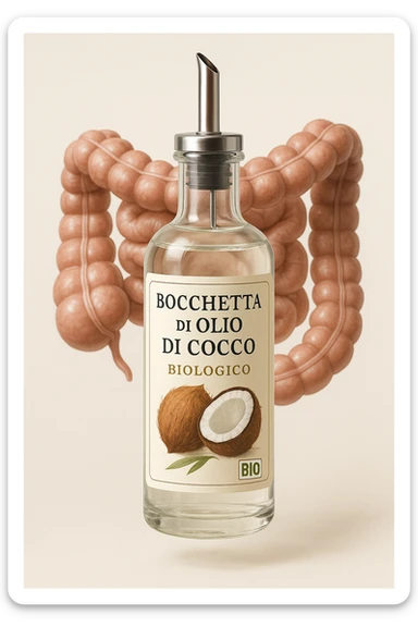 BOCCETTA DI OLIO DI COCCO BIOLOGICO (FAI UN ETICHETTA SUL PRODOTTO IN ITALIANO) CHE FLUTTUA IN ARIA DAVANTI A UN INTESTINO UMANO ANATOMICO IN PERFETTA SALUTE, SFONDO CHIARO, iperrealistico 4k sticker