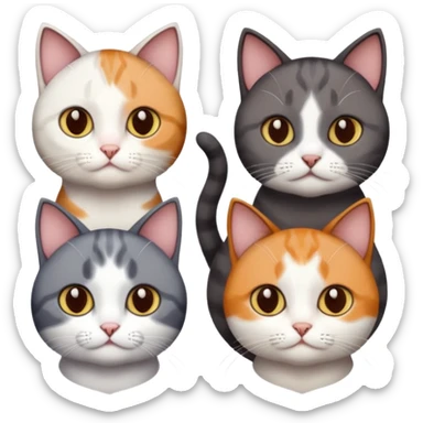 4 different coloured short haired cats including; a dark brown and white cat, and a dark grey and white, and a calico sticker