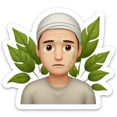 tired sad man with sweat on forehead, plant behind sticker