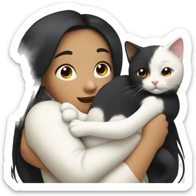 girl with very long black hair and  hugging a white cat sticker