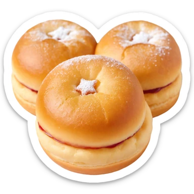 a single Berliner Krapfen, round, golden-brown, no hole, dusted with powdered sugar, with visible jam filling sticker