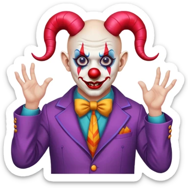 demonic clown wearing a leisure suit, bald with ram horns sticker
