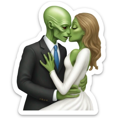 Alien reptilian woman in white dress hugs and kissing "white male human man" sticker