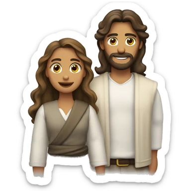 Crea a Jesús abrazado con chica joven castaña ondulada  sticker