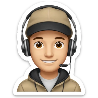 A guy smirking with a cap and headphones sticker