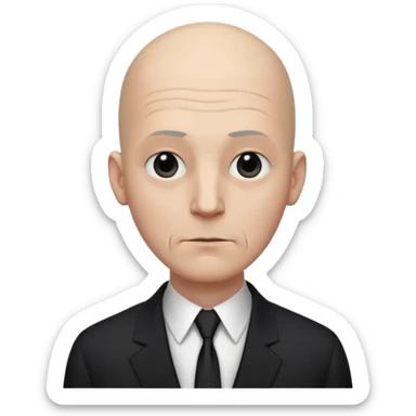 Extremely tall, pale gray-skinned man with a bald head, heavy brow, sunken eyes, a long gaunt face, and a black suit with a white shirt collar visible. sticker