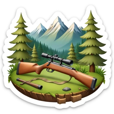 Icon for Hunting Tourism: hunting rifle, surrounded by nature elements like trees, mountains, and wildlife tracks. The icon should represent the adventure and exploration of hunting tourism. Transparent background. sticker