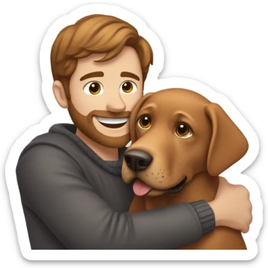 Red Labrador giving brown haired man a hug with no facial hair sticker