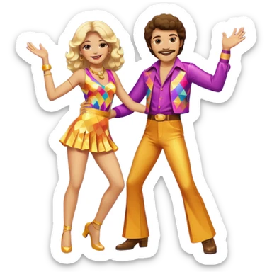 hombre y mujer bailando con ropa de disco de los 70s sticker