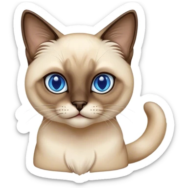 Cinematic Cute Siamese Cat Portrait Emoji, Head tilted playfully and inquisitively, sleek cream-colored fur with rich, contrasting dark points on the ears, face, paws, and tail, striking sapphire-blue eyes, Simplified yet irresistibly adorable features, highly detailed, glowing with a warm, friendly glow, high shine, affectionate and curious, stylized with a touch of whimsy, bright and endearing, soft glowing outline, capturing the essence of a mischievous yet loving kitten, so playful it feels like it could pounce out of the screen and into your arms! sticker