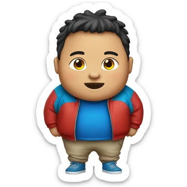 Fat little boy wearing red jacket with blue tobagan  sticker