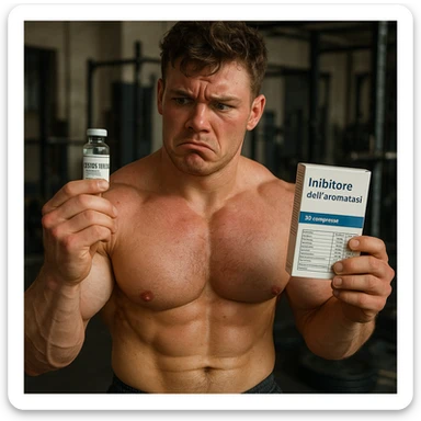 realistic young bodybuilder in gym holding a vial labeled 'Testosterone' and a box labeled 'Inibitore dell'aromatasi', all text and tables in Italian, doubtful expression, swollen muscles but red skin, messy gym background, 4K quality sticker