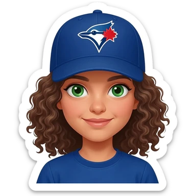 girl with curly hair and green eyes wearing a toronto blue jays hat sticker