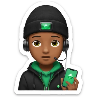 garcon avec un bonnet noir avec un emeraude dessus et un casque gaming sticker