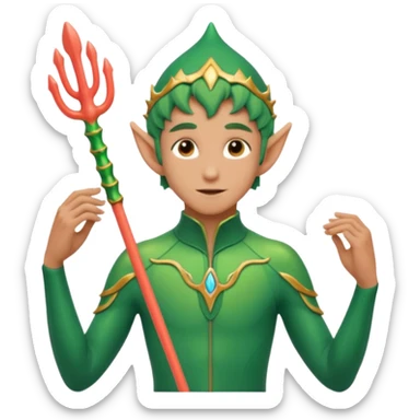 male elf in iridescent wetsuit, coral staff. Gills on neck legolas sticker