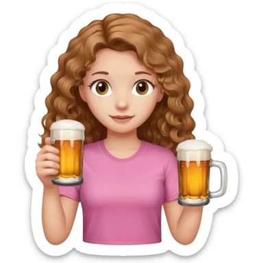 A girl with long, slightly curly, light brown hair, in a pink T-shirt, holding a beer in her hands. sticker