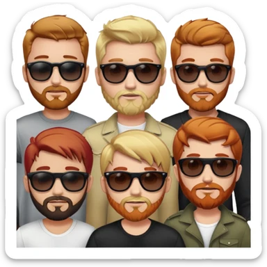 5 blanke mannen 1 met blond haar en een zwarte zonnen bril 2 met blond haar 3 rood haar en een klein mini baardje 4 bruin haar en een baard 5 bruin haar alleen gezichten sticker