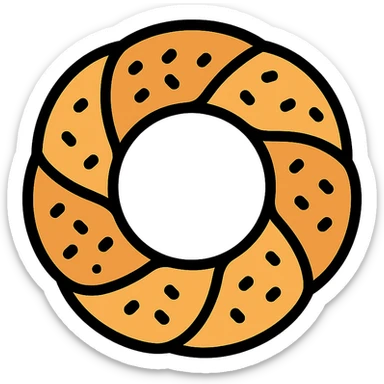 simit bread, top view, golden brown, sesame texture, color outline icon style sticker