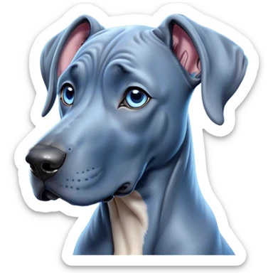 Cinematic Cute Blue Great Dane Portrait Emoji, Head tilted playfully and inquisitively, featuring a glossy blue Fur with a refined sheen, round, sparkling steel-blue eyes filled with curiosity, Simplified yet irresistibly adorable features, highly detailed, glowing with a warm, friendly glow, high shine, affectionate and gentle, stylized with a touch of whimsy, bright and endearing, soft glowing outline, capturing the essence of a mischievous yet loving pup, so playful it feels like it could lumber out of the screen and into your arms! sticker