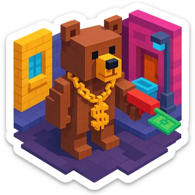 Russian grizzly bear with a rapper chain and a money gun, standing in a city alley sticker